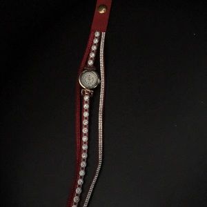 Red Suede Wrap Bracelet Watch w Rhinestones